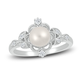 Lab-Created Sapphire & Cultured Pearl Ring 10K White Gold