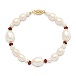 Freshwater Cultured Pearl & Natural Garnet Bead Bracelet 14K Yellow Gold 7.5&quot;