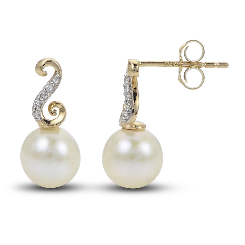 Freshwater Cultured Pearl Dangle Earrings 1/20 ct tw Diamonds 14K Yellow Gold