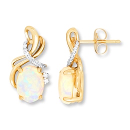 Lab-Created Opal Earrings 1/15 ct tw Diamonds 10K Yellow Gold