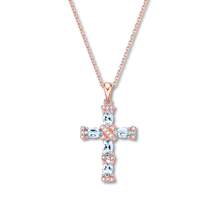 Main Image 1 of Aquamarine Cross Necklace 1/10 ct tw Diamonds 10K Rose Gold