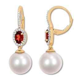 Garnet & Cultured Pearl Earrings 1/4 ct tw Diamonds 10K Yellow Gold