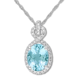 Aquamarine Necklace 1/6 carat tw Diamonds 10K White Gold