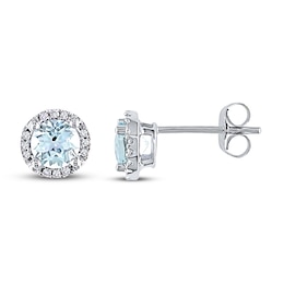 Aquamarine Earrings 1/15 ct tw Diamonds 10K White Gold