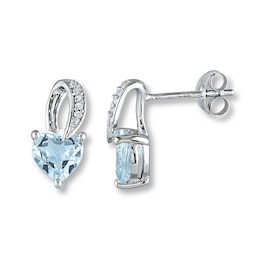 Aquamarine Heart Earrings Diamond Accents Sterling Silver