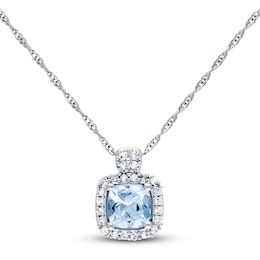 Aquamarine Necklace 1/10 ct tw Diamonds 10K White Gold