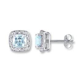 Aquamarine Earrings 1/10 ct tw Diamonds 10K White Gold