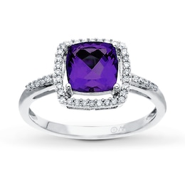 Amethyst Ring Cushion-Cut with 1/8 ct tw Diamonds 10K White Gold