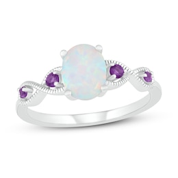 Lab-Created Opal & Natural Amethyst Ring Oval/Round Sterling Silver