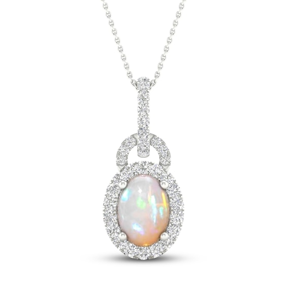 Natural Opal Necklace 1/4 ct tw Diamonds 10K White Gold | Gemstone