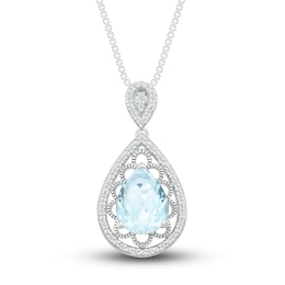 Natural Aquamarine Necklace 1/8 ct tw Diamonds Sterling Silver