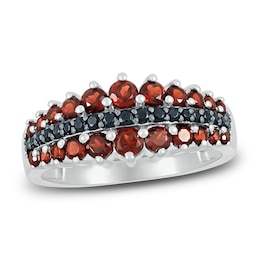 Natural Garnet Ring 1/8 ct tw Black Diamonds 10K White Gold