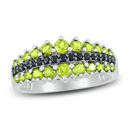 Natural Peridot Ring 1/8 ct tw Black Diamonds 10K White Gold