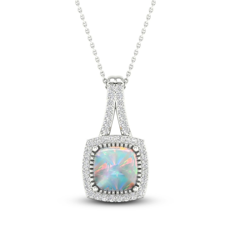 Lab-Created Opal & White Lab-Created Sapphire Necklace Sterling Silver 18"