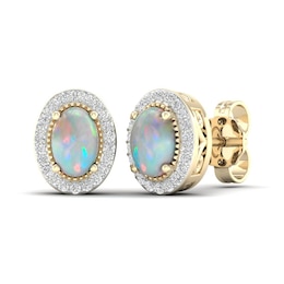 Lab-Created Opal & White Lab-Created Sapphire Stud Earrings 10K Yellow Gold