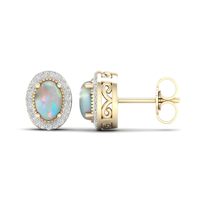 Lab-Created Opal & White Lab-Created Sapphire Stud Earrings 10K Yellow Gold