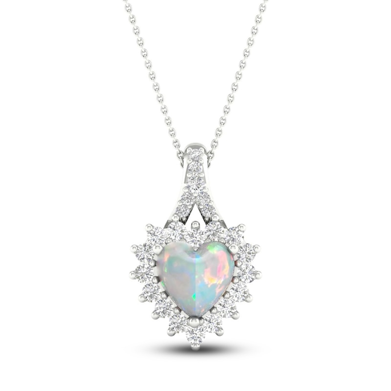 Lab-Created Opal & White Lab-Created Sapphire Heart Necklace Sterling Silver