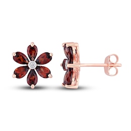 Natural Garnet Flower Stud Earrings Diamond Accents 10K Rose Gold