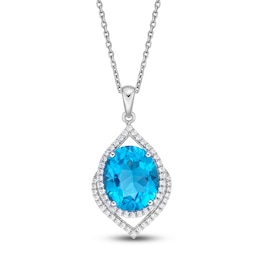 Natural Swiss Blue Topaz Necklace 1/3 ct tw Diamonds 10K White Gold 18&quot;