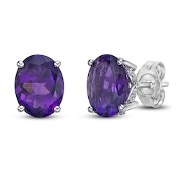 Natural Amethyst Stud Earrings 1/8 ct tw Diamonds 10K White Gold