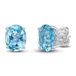 Natural Swiss Blue Topaz Stud Earrings 1/8 ct tw Diamonds 10K White Gold