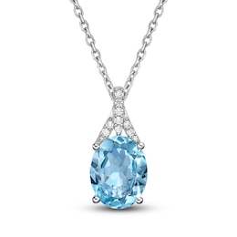 Natural Swiss Blue Topaz Pendant Necklace 1/8 ct tw Diamonds 10K White Gold 18&quot;