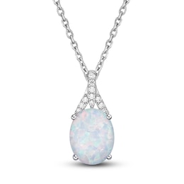 Lab-Created Opal Pendant Necklace 1/8 ct tw Diamonds 10K White Gold 18&quot;