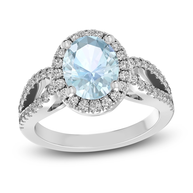 Main Image 1 of Natural Aquamarine & Natural White Topaz Oval Ring 10K White Gold