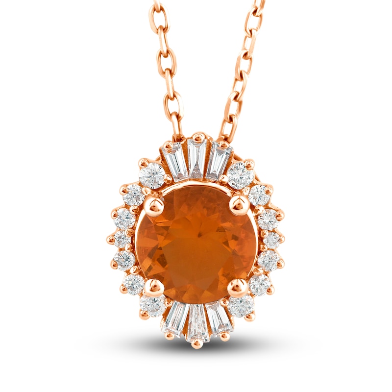 Natural Fire Opal Pendant Necklace 1/6 ct tw Diamonds 10K Rose Gold 18"