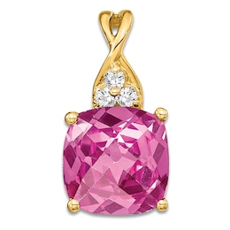 Pink Lab-Created Sapphire Necklace Charm Diamond Accents 14K Yellow Gold