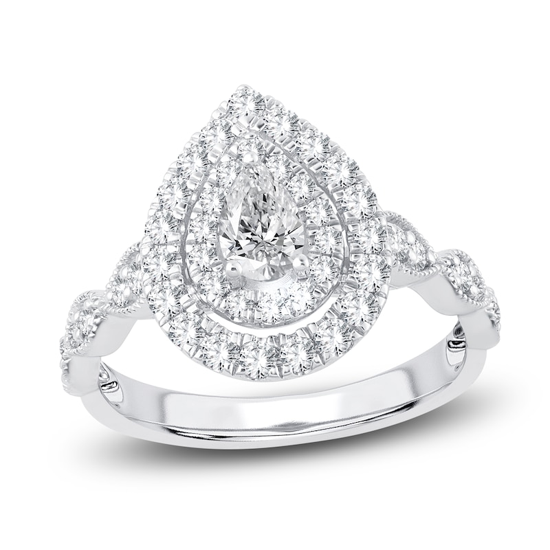 Main Image 1 of Pear & Round-Cut Diamond Double Halo Engagement Ring 1 ct tw 14K White Gold