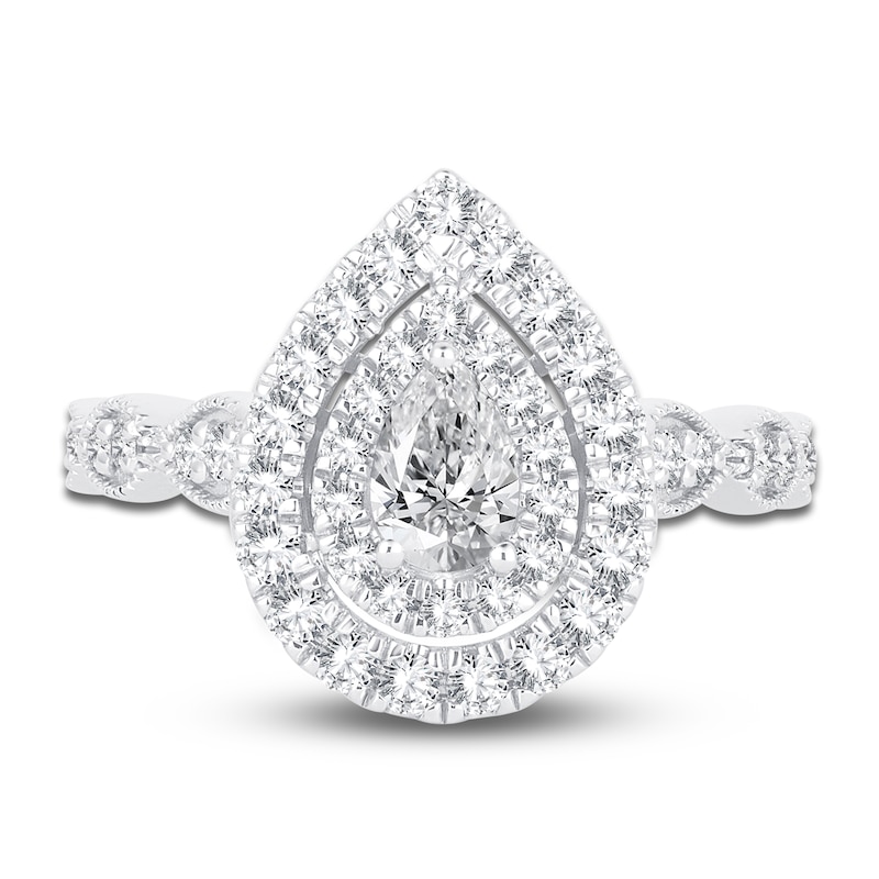 Main Image 3 of Pear & Round-Cut Diamond Double Halo Engagement Ring 1 ct tw 14K White Gold