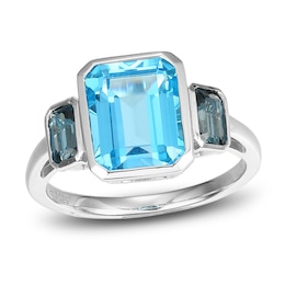 Rectangle-Cut Natural Swiss Blue Topaz & London Blue Topaz Bezel Ring 10K White Gold