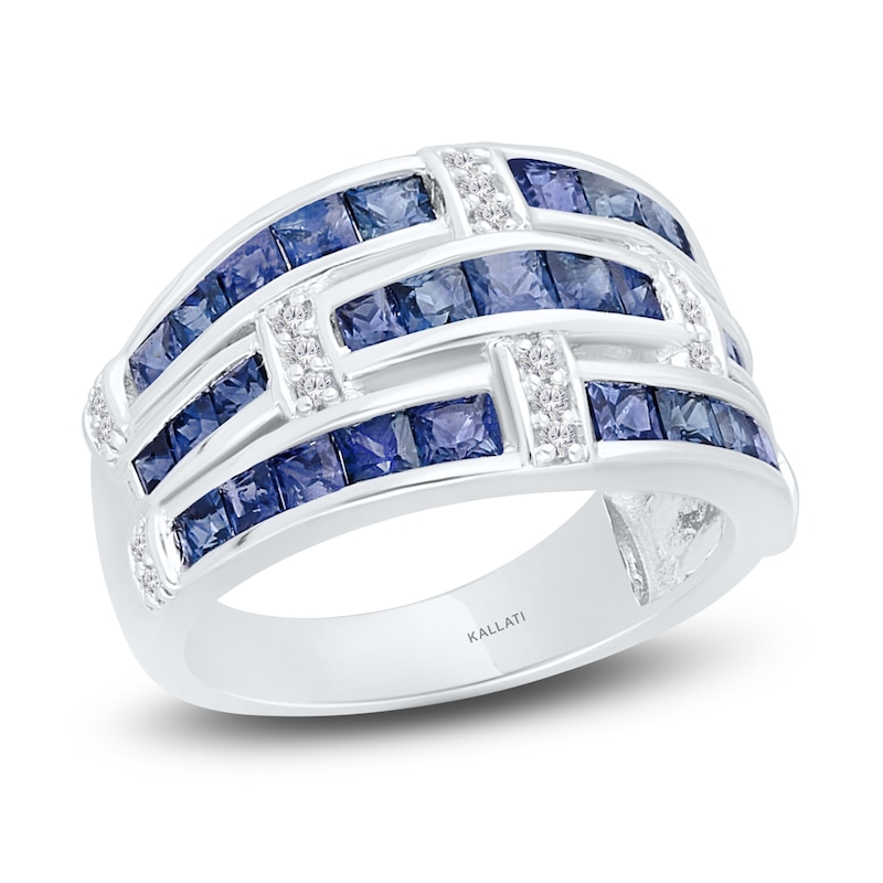 Kallati Square-Cut Natural Blue Sapphire & Diamond Three-Row Ring 1/10 ct tw 14K White Gold