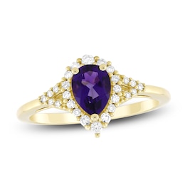 Pear-Shaped Natural Amethyst & Diamond Ring 1/5 ct tw 10K Yellow Gold