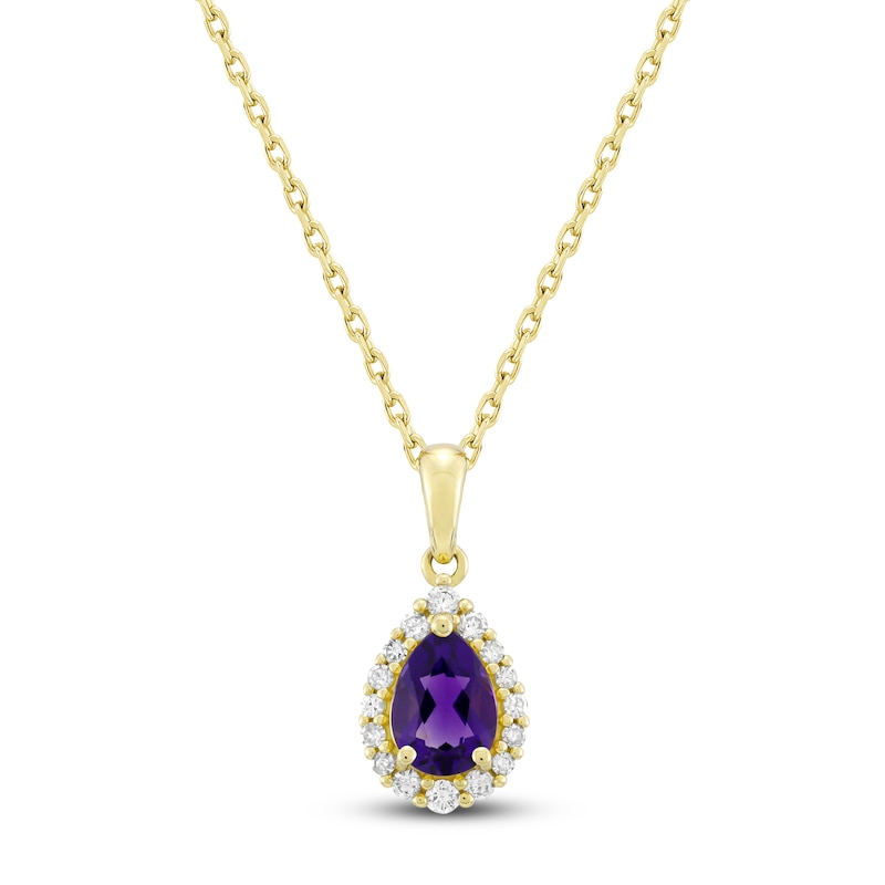 Main Image 1 of Pear-Shaped Natural Amethyst & Diamond Necklace 1/6 ct tw 10K Yellow Gold 18&quot;