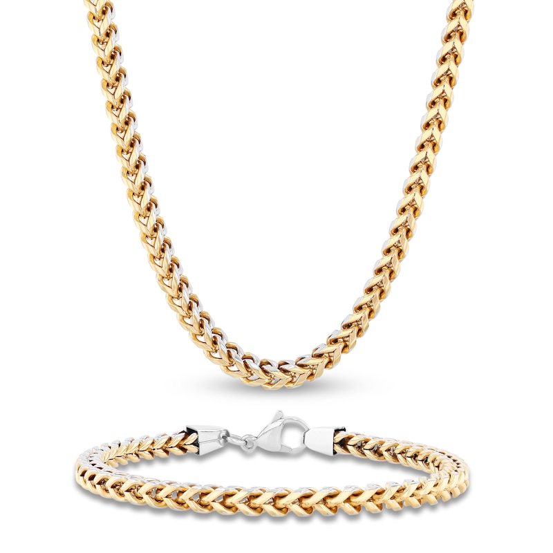 Main Image 1 of Men's Franco Chain Necklace & Bracelet Set 5mm Stainless Steel & Yellow Ion Plating