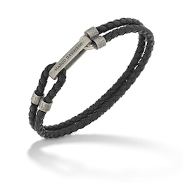 Marco Dal Maso Men's Black Leather Bracelet Sterling Silver 8&quot;