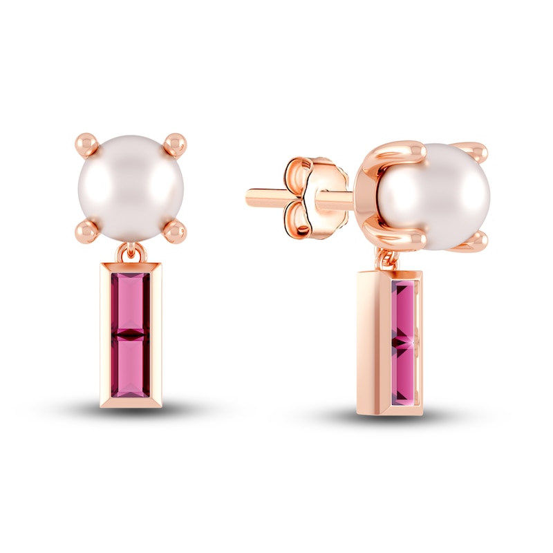 Main Image 1 of Juliette Maison Natural Rhodolite Garnet Baguette and Freshwater Cultured Pearl Earrings 10K Rose Gold