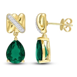 Y-Knot Lab-Created Emerald Earrings 1/15 ct tw Diamonds 14K Yellow Gold