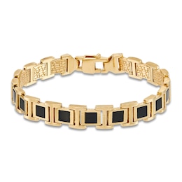 LUSSO by Italia D'Oro Men's Natural Onyx Bracelet 14K Yellow Gold 8.25&quot;