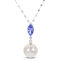 Freshwater Cultured Pearl & Natural Tanzanite Pendant Necklace Diamond Accents 14K White Gold 18&quot;