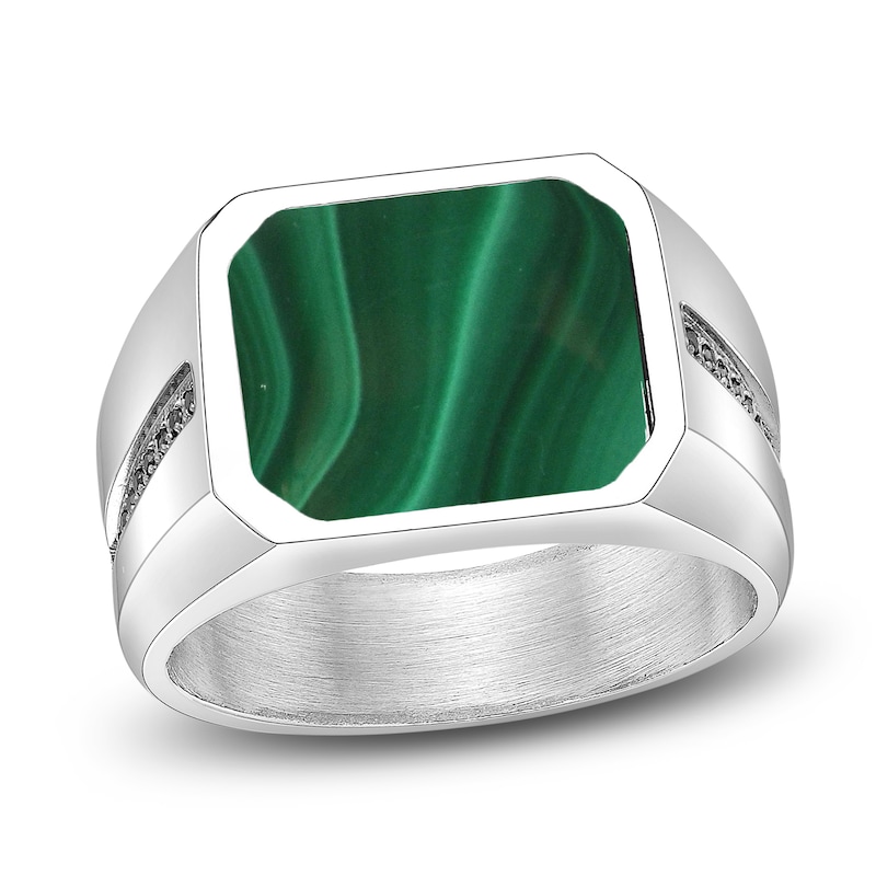 Men's Octagon-Cut Natural Malachite & Black Spinel Ring Stainless Steel