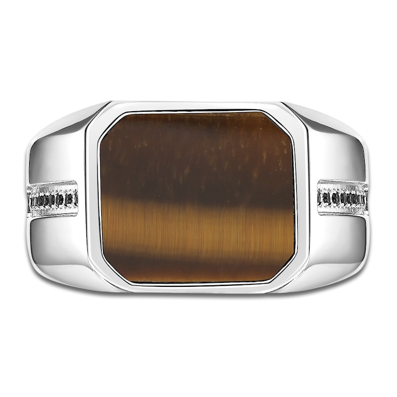 Men's Octagon-Cut Natural Tiger's Eye Quartz & Black Spinel Ring Stainless Steel