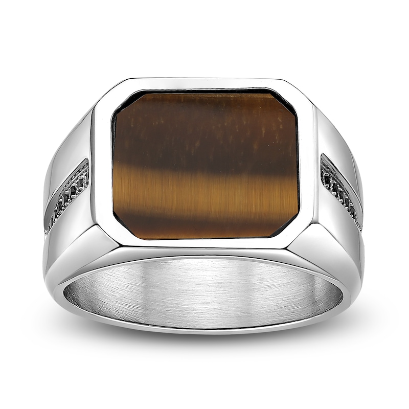 Main Image 5 of Men's Octagon-Cut Natural Tiger's Eye Quartz & Black Spinel Ring Stainless Steel