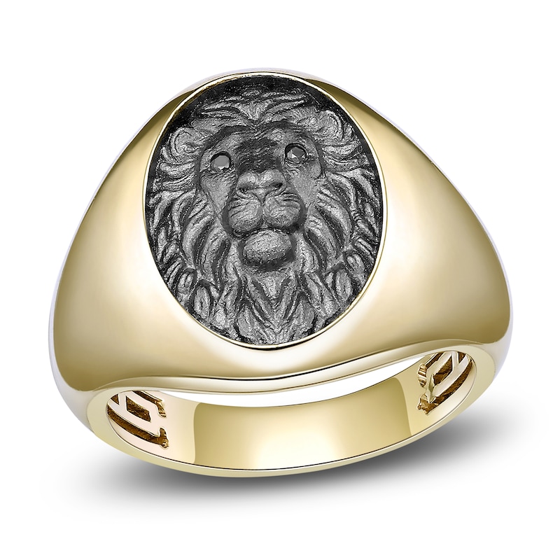 Main Image 1 of Men's Black Diamond Accent Sculpted Lion Ring Sterling Silver & 14K Yellow Gold Plating