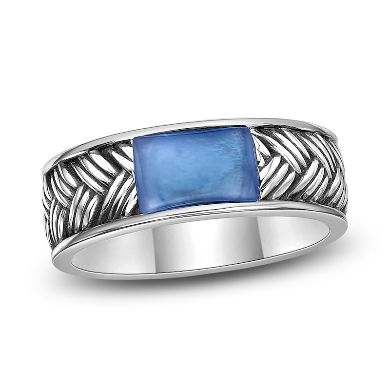 Main Image 1 of Men's Natural Royal Blue Agate Weave Pattern Ring Sterling Silver