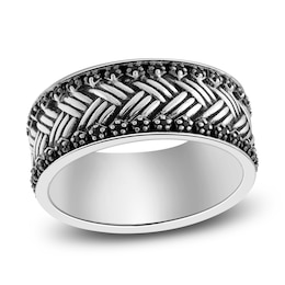 Men's Natural Black Spinel Weave Pattern Ring Sterling Silver