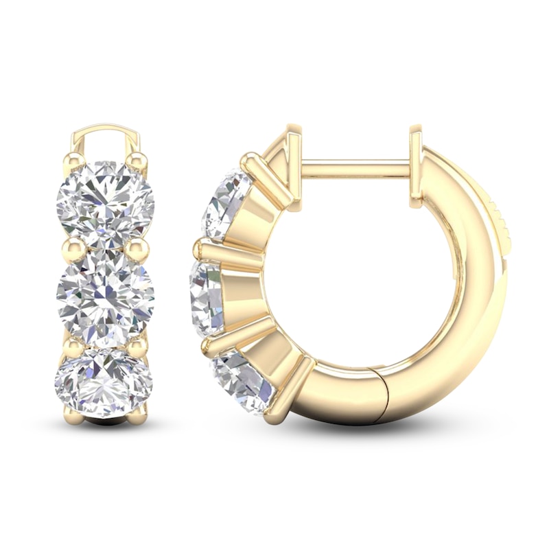 Main Image 1 of Lab-Created Diamond Three-Stone Huggie Hoop Earrings 3 ct tw 14K Yellow Gold