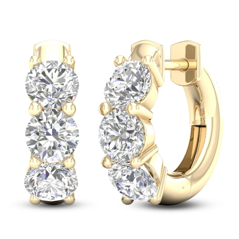 Main Image 2 of Lab-Created Diamond Three-Stone Huggie Hoop Earrings 3 ct tw 14K Yellow Gold